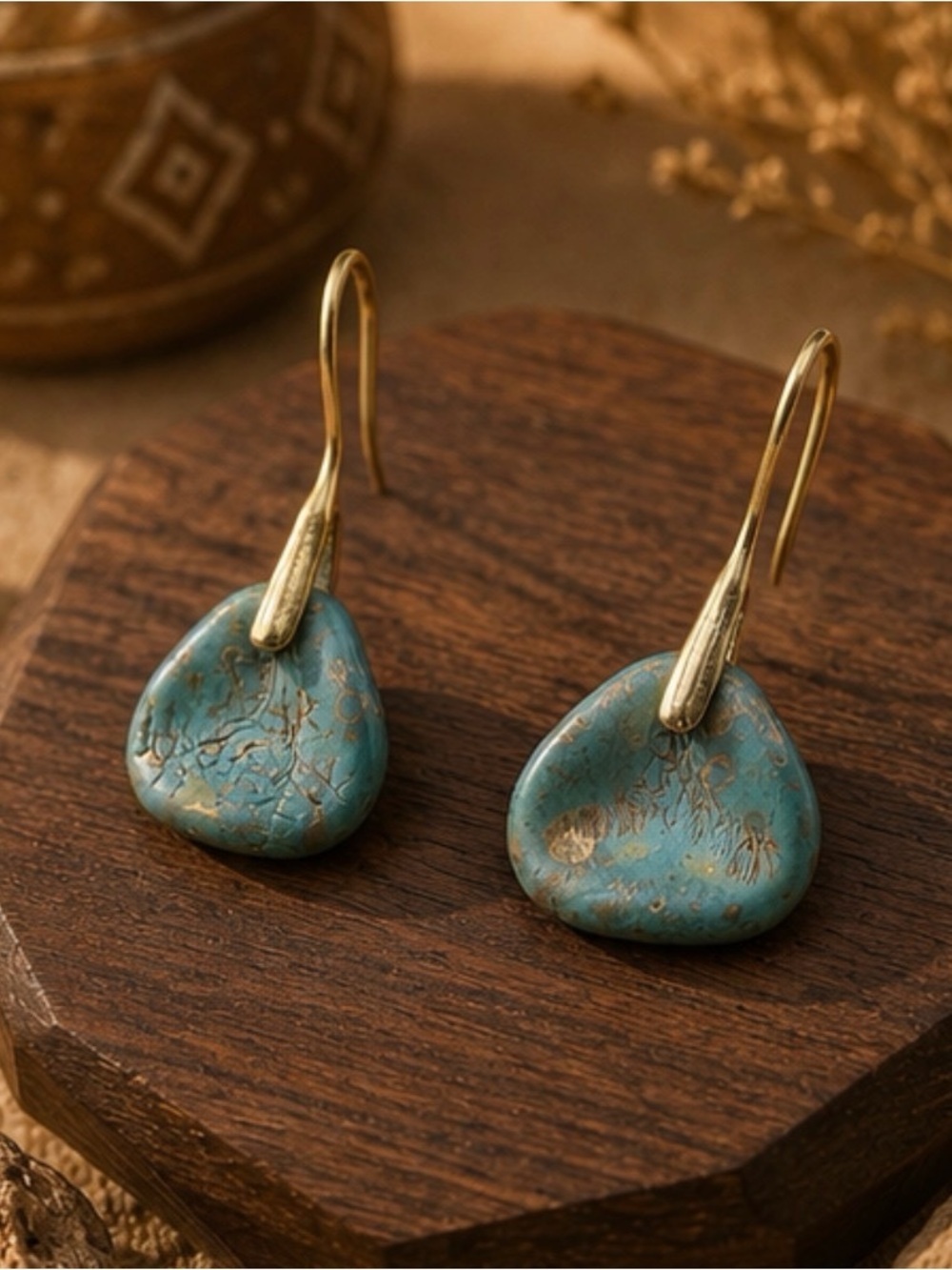 Turquoise Blue Gold-Accented Drop Earrings - Women Jewelry